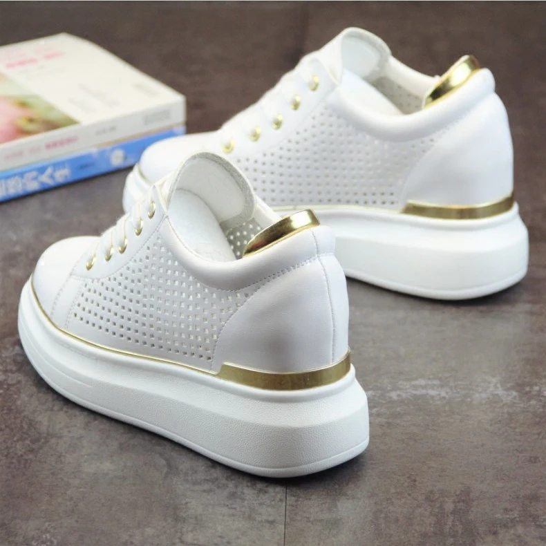 SWYIVY  8 Cm  Platform Wedge Female Causal Sneakers Shoes White Summer 2018 Breathable Hole Female Casual Shoes Comfortable 40
