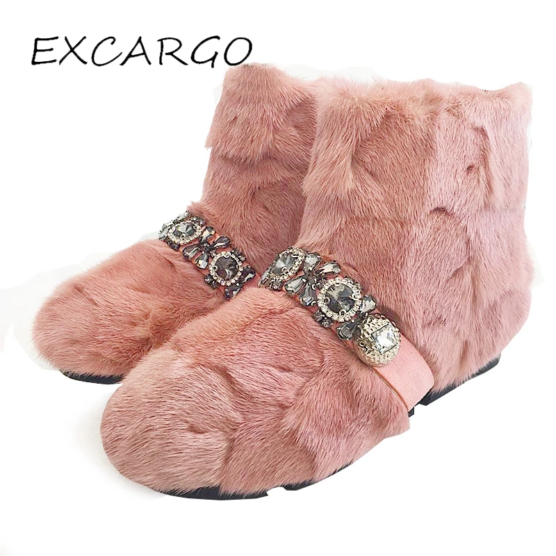 EXCARGO Pink Boots Woman Winter Warm Snowboots 2018 Luxury Mink Fur Warm Shoes Rhinestone Ladies Ankle Short Snow Boots Winered