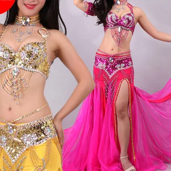 

Elegant Belly Dance Costume For Ladies Rose red White Blue Glamour 3Pcs (Bra+Belt +Skirts) Suit Women Professional Clothes N2027