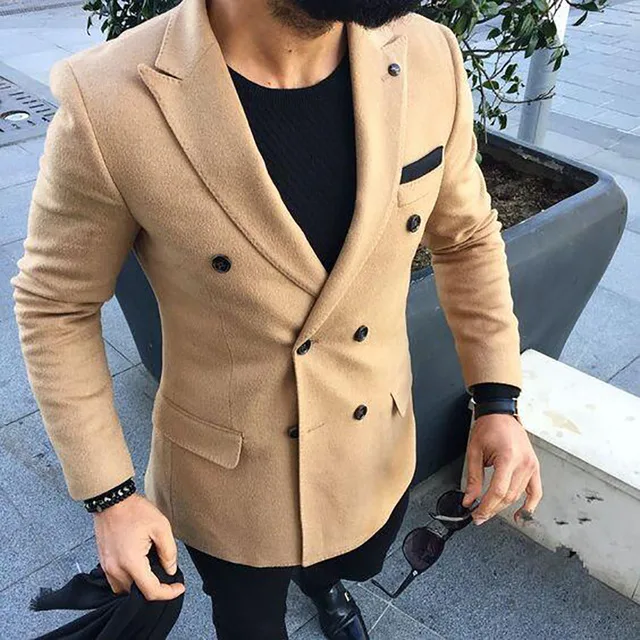 

Khaki Tweed Coat With Black Pant Wedding Groom Prom Mens Suits Custom Made Tuxedos Terno Men Suit 2 pieces(Jacket+Pant)