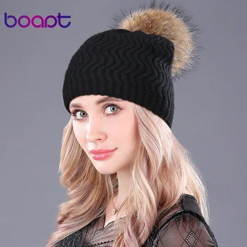

[boapt] Raccoon Fur Winter Double-deck Knitted Stripes Cashmere Wool Skullies Beanies Women Hat Winter Caps Female Pompon Hats
