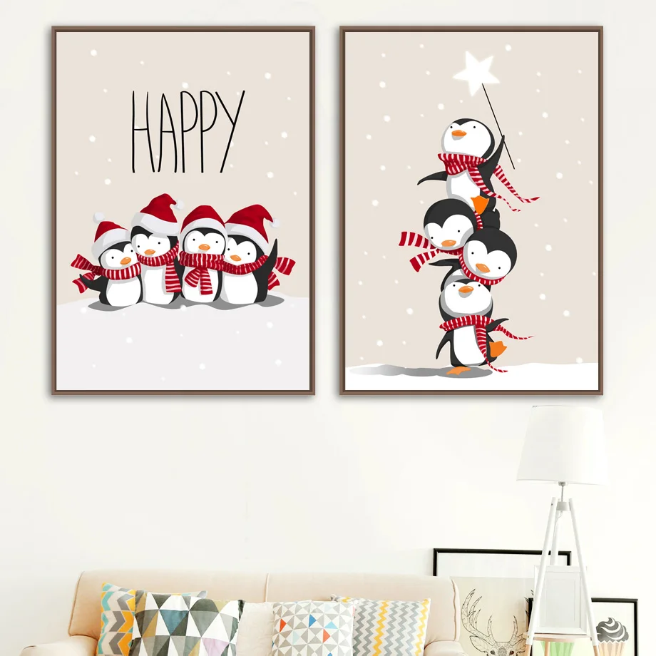 Penguin Snowing Christmas Nordic Posters And Prints Wall Art Canvas Painting Nursery Art Print Wall Pictures For Kids Room Decor