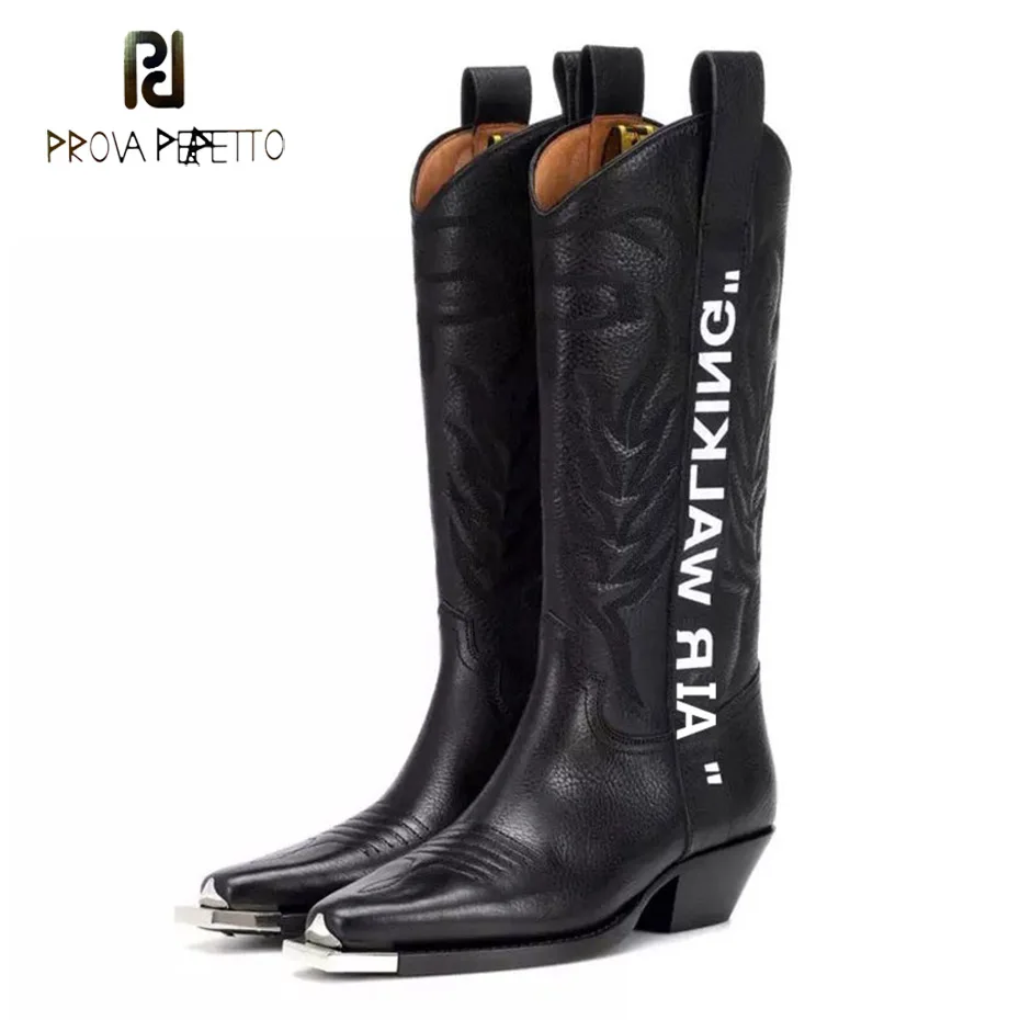 

Prova Perfetto metal decor pointed toe embossed genuine leather knee high boots women chunky heel air walking print knight boots