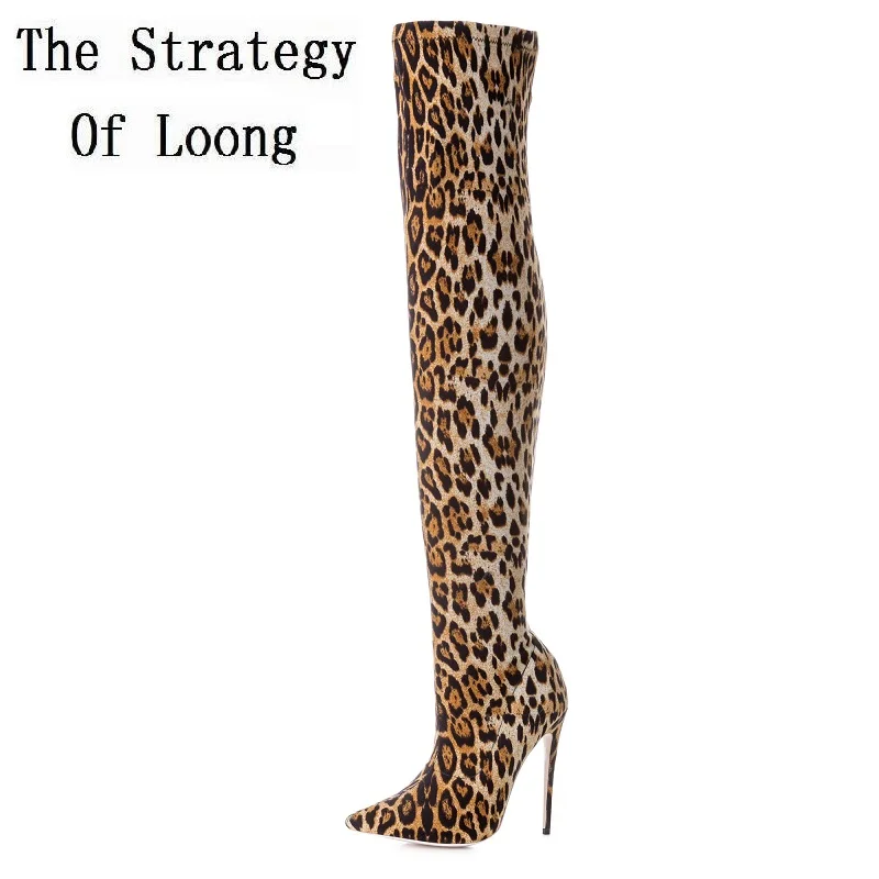 Botas altas con estampado de leopardo para mujer, botines por de la rodilla, de punta alta hasta el muslo, talla 20171226|Botas sobre la - AliExpress