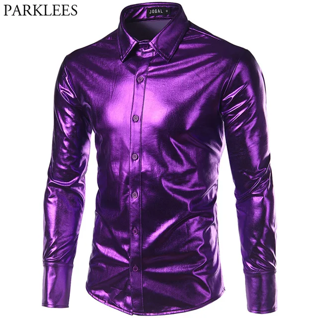 Purple Coated Metallic Night Club Wear Shirt Men Long Sleeve Halloween