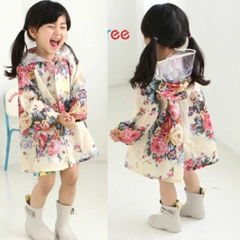 

Girls Flower Printed Hooded Raincoat Peony Waterproof Outdoors Kids Hiking Rainwear Poncho