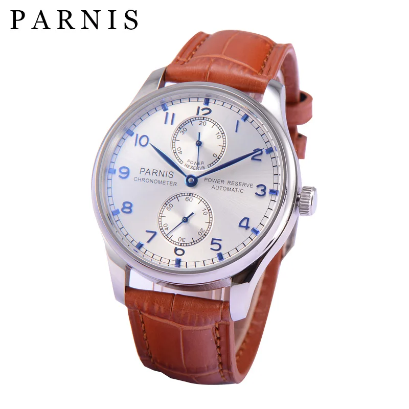 

Casual 43mm Parnis Automatic Mechanical Mens Watch Power Reserve Brown Strap Men Diver Watches relogios masculino 2019 Man Clock