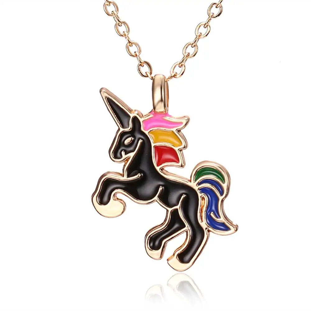 Ожерелье с лошадью для девочек, детские эмалированные ювелирные аксессуары с лошадью из мультфильма, женская подвеска с фигуркой животного, единорог, вечерние - Окраска металла: black