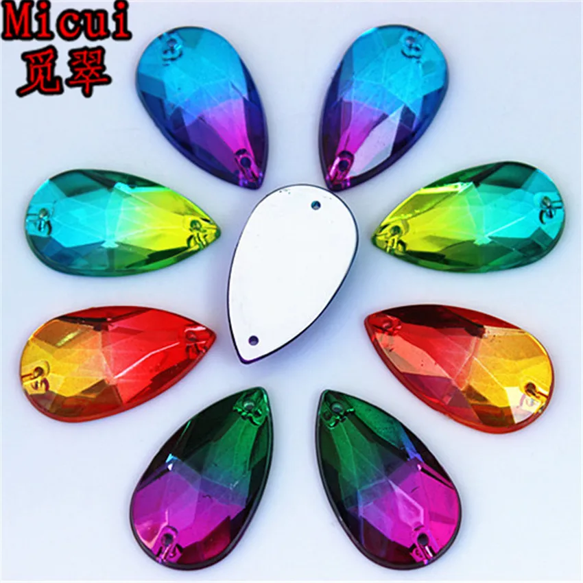 

Micui 30pc 16*28mm Double color Acrylic Rhinestone crystal Drop shape sew on rsilver base flatback Rhinestone with 2 holes ZZ27