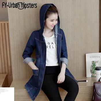 

Spring Autumn New Zipper Hooded Fashion Causal Women Jackets Denim Jacket Female Mid-length Students Loose Denim Clothing Coat