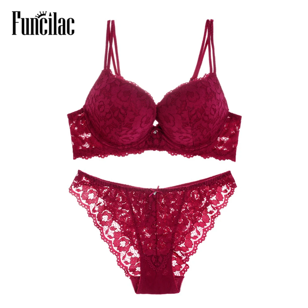 

FUNCILAC Lace Embroidery Bra Set Underwear Sexy Push Up Brassiere Intimates With Transparent Lingerie Set