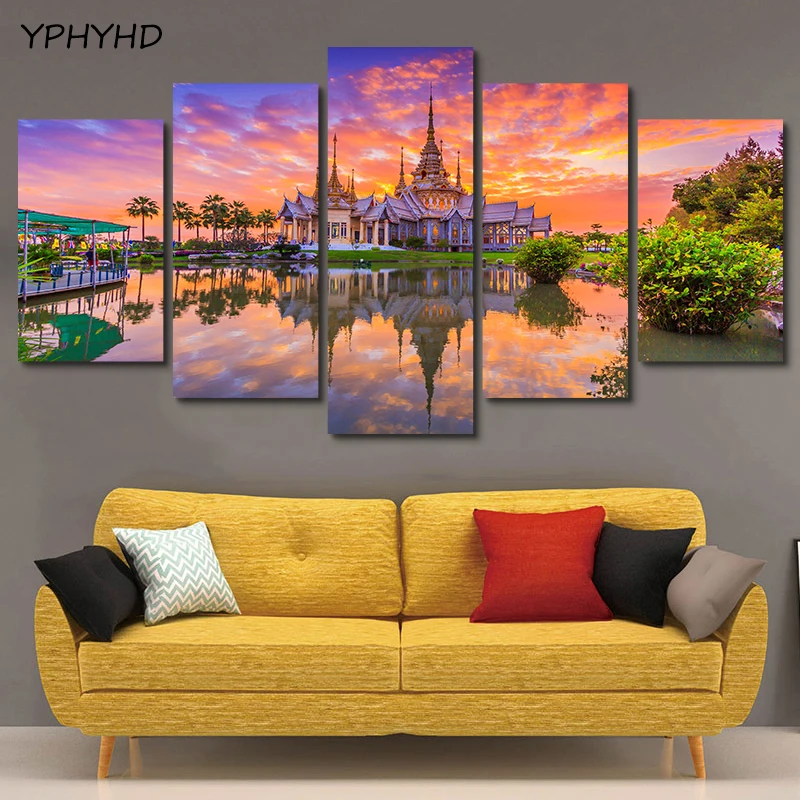 YPHYHD 5 панель HD закат Таиланд религиозный храм Фотографии Живопись стены