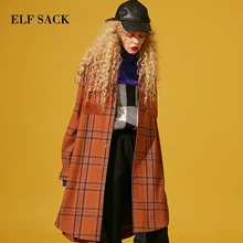 ELFSACK, зимнее Новое Женское шерстяное пальто, повседневное женское шерстяное пальто с отложным воротником, в клетку, с широкой талией, свободное Женское шерстяное пальто