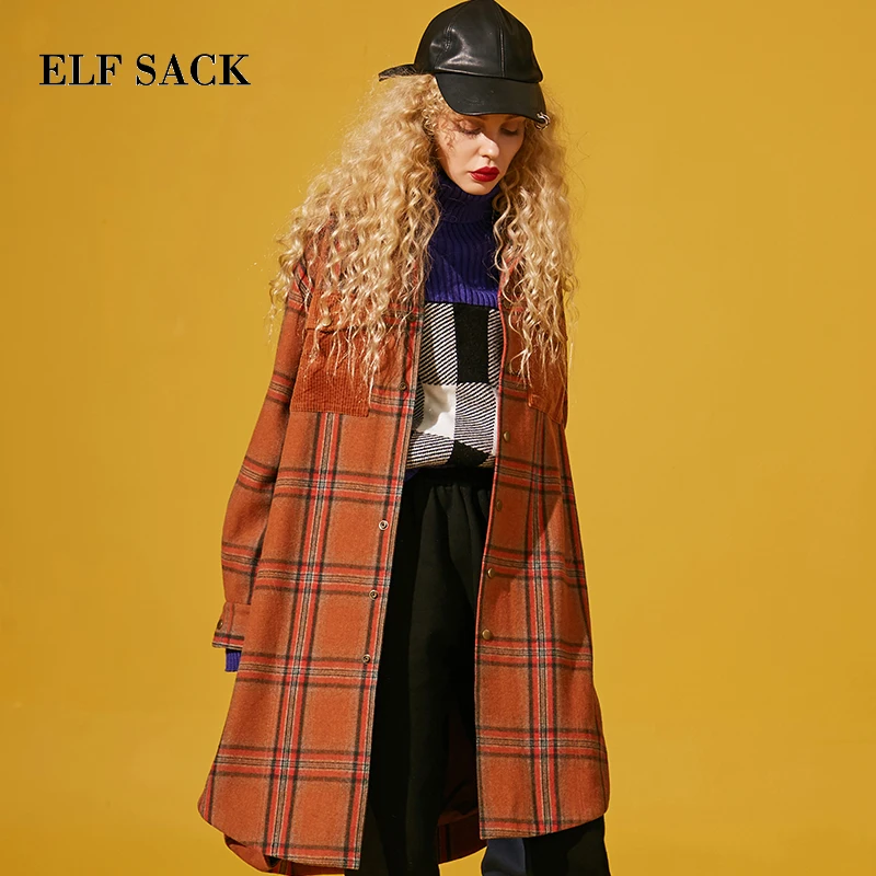 

ELF SACK Winter New Woman Wool Coat Casual Turn-down Collar Women Wool Blends Full Plaid Wide-waisted Loose Femme Woolen Coats