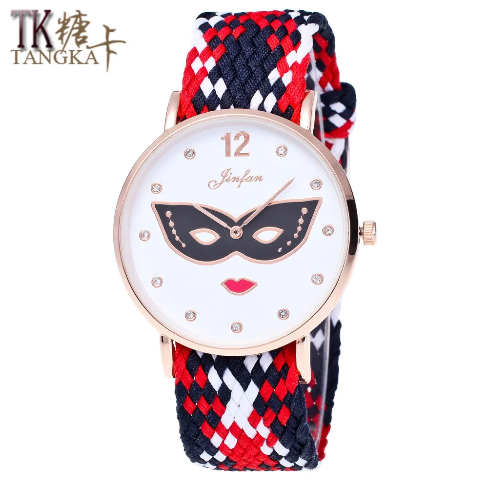 

Ladies Nylon Color Weave Watch Unique style mask dial Women 's Fashion Casual Clockwise Neutral Quartz Watch birthday gift