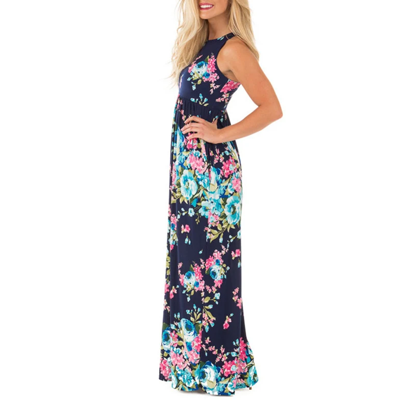 Boho Floral Printed Sundress O-neck Summer Sexy Pleated Maxi Dress 2018 Casual Beachwear Femininos Dress Plus Size LX328