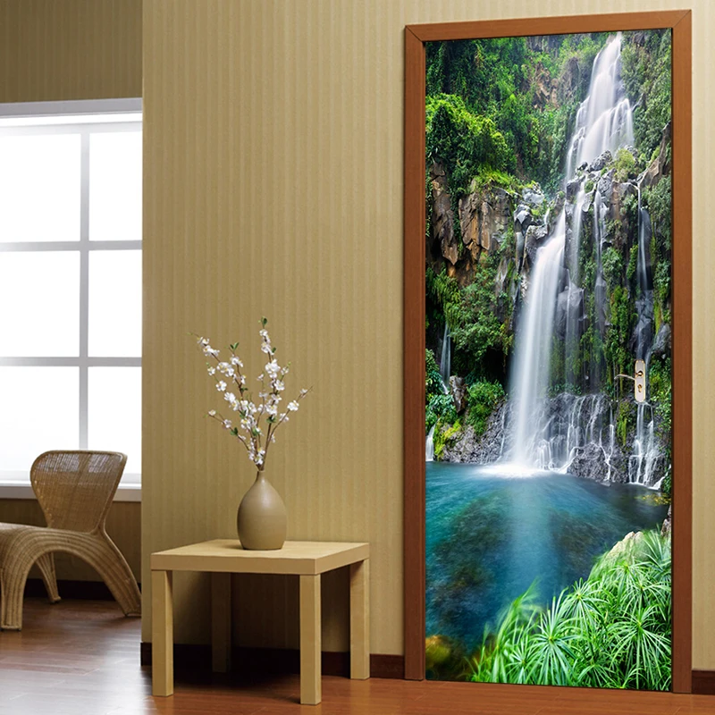 3D наклейка на дверь, китайский стиль, пейзаж с водопадами, фото обои для гостиной, спальни, домашний декор, ПВХ, водонепроницаемый, самоклеющийся