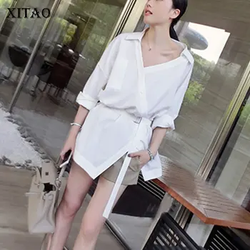 

[XITAO] Women 2019 Spring New Fashion V-neck Full Sleeve Loose Blouse Female Solid Color Button Bandage Casual Shirt WBB2294