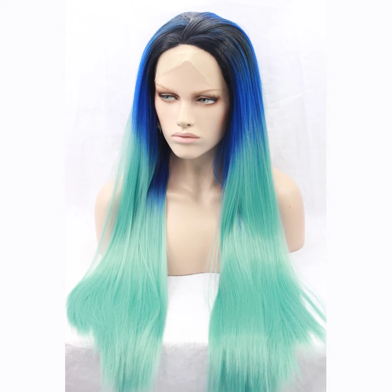 Straight Blue Ombre Green Wigs Heat Resistant Synthetic Lace Front Wig