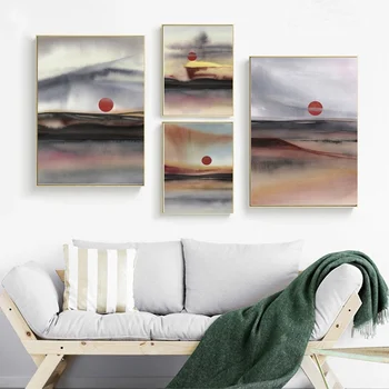 

Abstract Red Sun Natural Scenery Field Forest Sun Pink Clouds Mountain Canvas Poster and Print for Living Room Home Decor