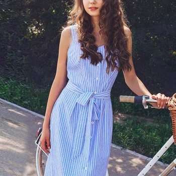 

Striped Women Casual Dress 2018 Summer Sundresses Beach Party Dresses Elegant sleeveless bow belt long dress vestidosV003