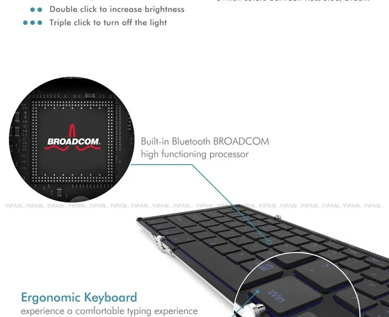B.o.w Беспроводной складная клавиатура с 3-Цвет Подсветка, полный размер Tri-Складная bluetooth-клавиатура для Планшеты, смартфонов, ПК