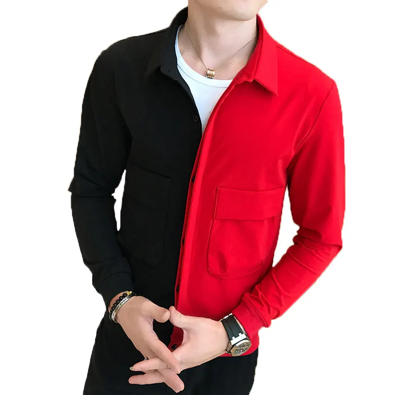 low cost  Red Black Fashion Mens Patchwork Jacket Slim Fit Single-breasted Casual Brand Jacket Men Hip Hop Me