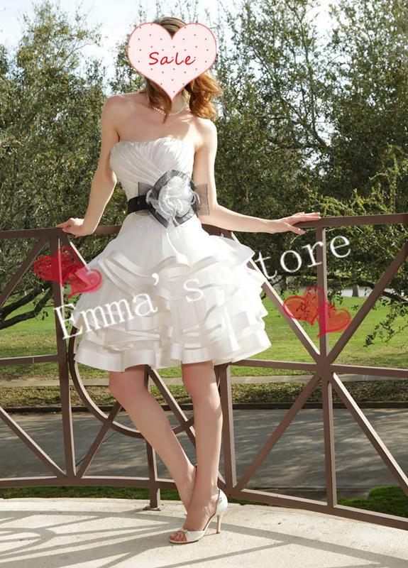 

MORI-Free Shipping Fashion 2013 New Ball Emma A-Line Strapless Knee Length Flower Bow Satin Mini Tiered Formal Wedding Dresses G
