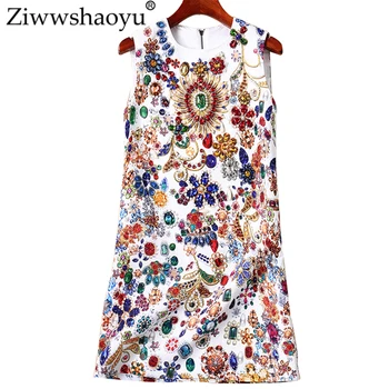 

Ziwwshaoyu Elegant Print Mini dresses O-Neck Beading Diamonds temperament Slim dress Spring and summer new women's