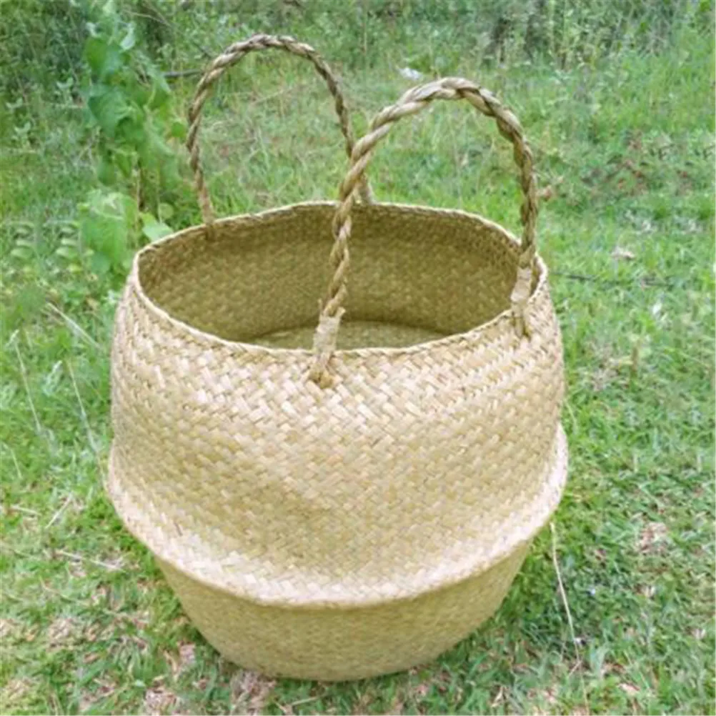 

Handmade Bamboo Storage Baskets Foldable Laundry Straw Patchwork Wicker Rattan Seagrass Belly Garden Flower Pot Planter Basket