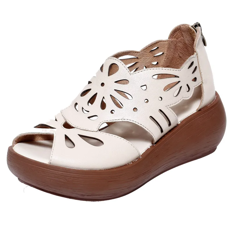 Women Leather Sandals Wedge Shoes Embroidery 6 Cm High Heels Chunky Sandals Beige Retro Shoes Handmade Genuine Leather Sandals