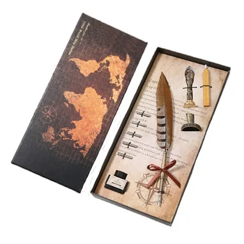 

Antique feather pen Writing ink set stationery gift box 5 nib wedding gift feather pen Student gift Business gift