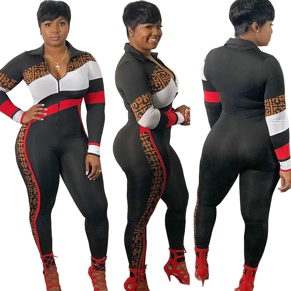 

Long Sleeve Black Bodycon Female Jumpsuit 2019 Patchwork Women Playsuit Zipper Front Skinny Rompers Womens Jumpsuit Overalls