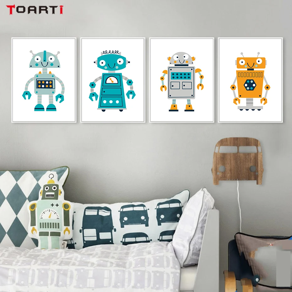 Different Cute Robot Canvas Painting Simple Colorful Cartoon Posters&Prints For Kids Room Nursery Wall Decoration Christmas Gift (1)