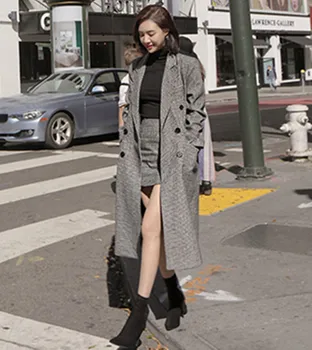 Black Plaid Woolen Tweed Turn-Down Collar Long Overcoat + Mini Bodycon Pencil Skirt Set 1