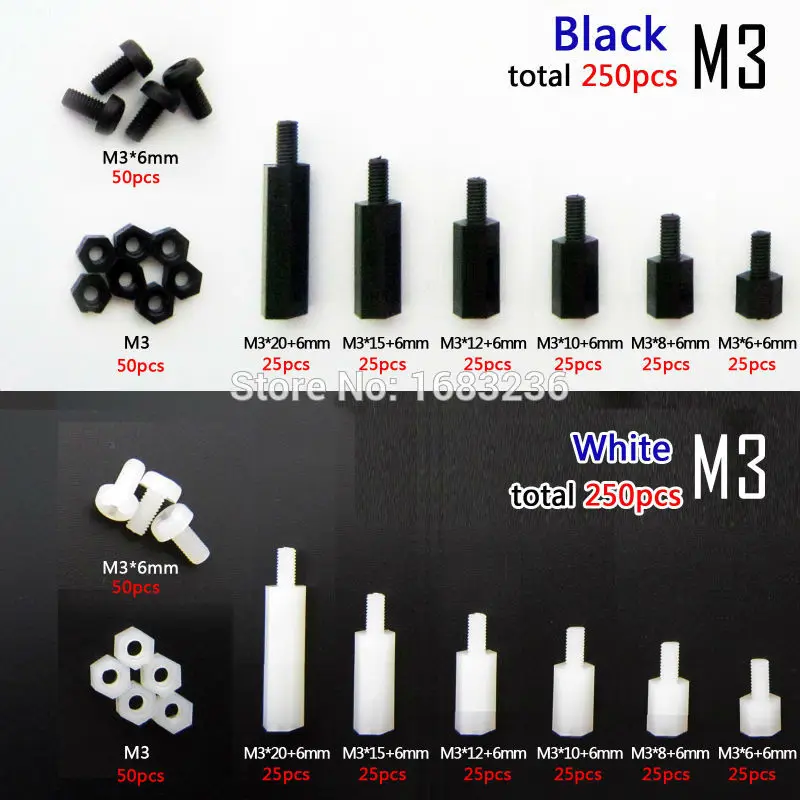 

250pcs Assortment Kit Nylon Insulation Plastic Black White M3 Male-Female Male M-F Hex Column Pillar Standoff Spacer Screw PCB