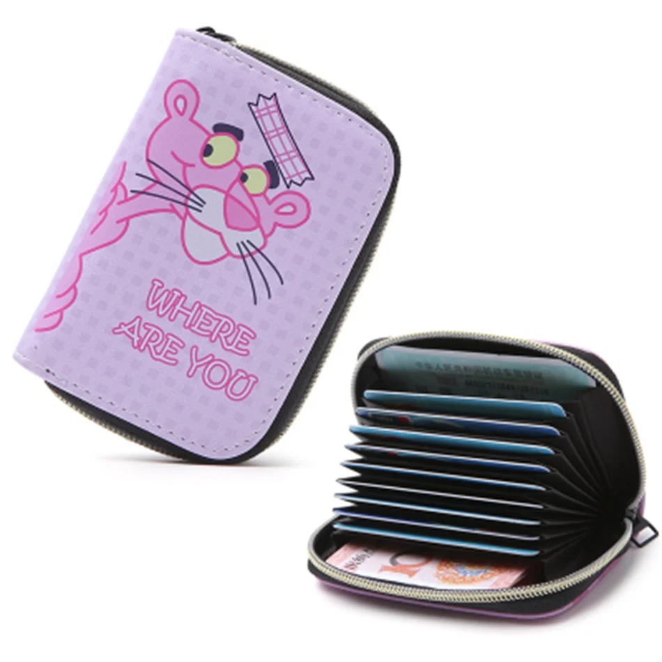 

Cartoon Pink Cute Panther Function PU Zipper Card Holder Women Wallet For Credit Card Card Holders Business Organizer Bag Purse