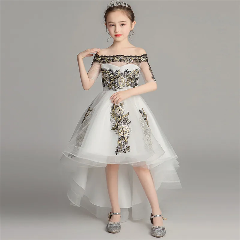 

Children Girls Luxury Shoulderless Evening Party Birthday Long Tail Mesh Dress Kids Teens Model Show Piano Costume Prom Dress