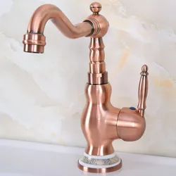 Antique Red Copper Brass Ceramic Base Kitchen Wet Bar Bathroom Vessel Sink Faucet Single Hole Swivel Spout Mixer Tap anf642