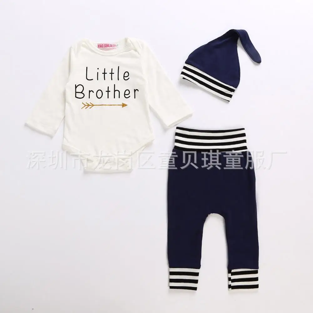 

Spring And Autumn Baby Boy Girl Clothes Long Sleeve Monogram Romper + Blue Long Pants +blue Striped Hat 3 Pcs Newborn Clothing