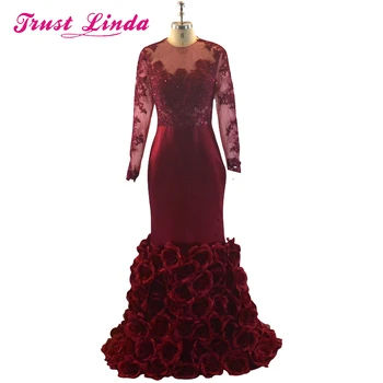 

Elegant Mermaid Burgundy Prom Gown Long Sleeve Open Back Court Train Evening Dress with Flowers for Wedding Party Robe De Soiree