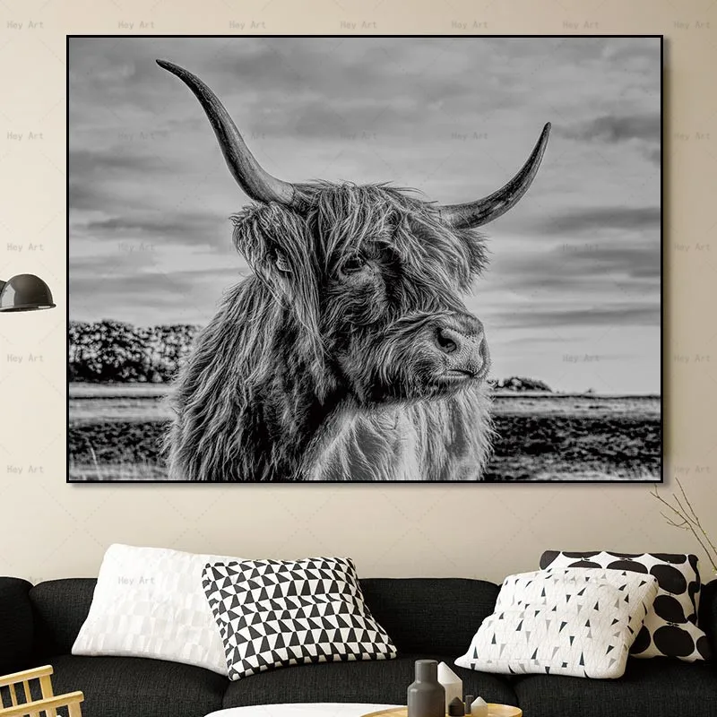 Black and White Home Decor Animal Poster Prints Highland Cow Yak Canvas Painting Wall Art Pictures for Living Room Black and White Home Decor Animal Poster Prints Highland Cow Yak Canvas Painting Wall Art Pictures for Living Room