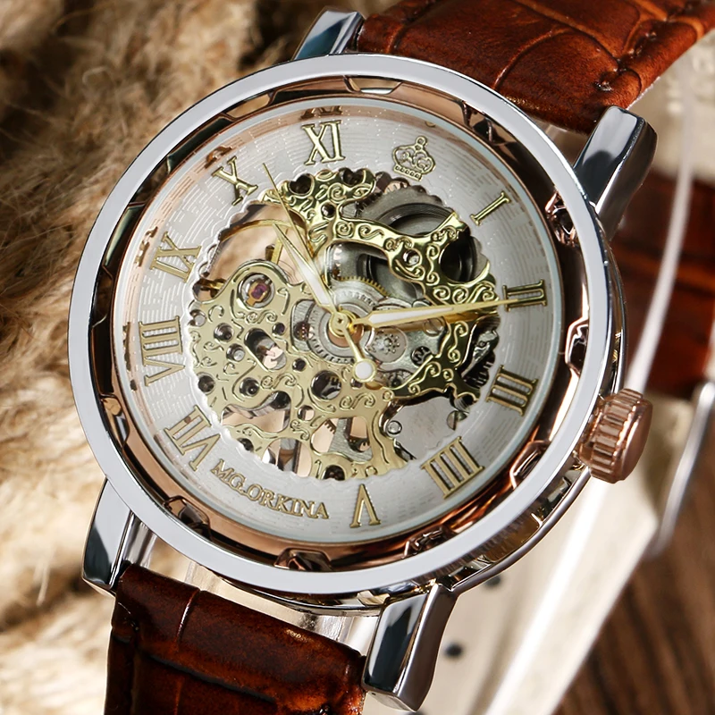 Top Brand MG. ORKINA Skeleton Unique Mechanical Hand Wind Watch Roman