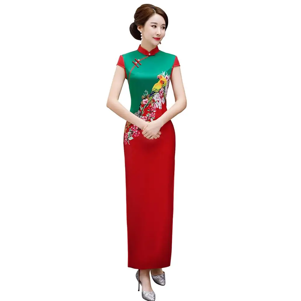 Шанхай история национальный тренд короткий рукав цветочный принт Qipao из искусственного шелка платье Чонсам длинные китайское традиционное - Цвет: 41