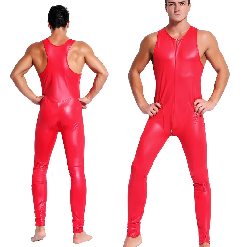 Комбинезон Zentai мужской из искусственной кожи пикантный Боди без рукавов