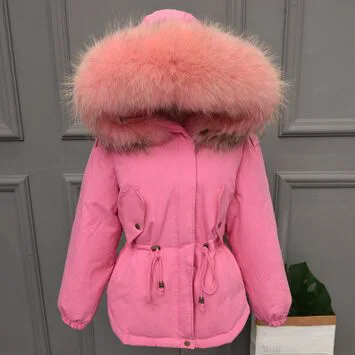 Большой натуральный мех енота Новое Женское пальто Высокое качество зимняя куртка Женский Теплый свободный пуховик парка белый пуховик - Color: big pink fur