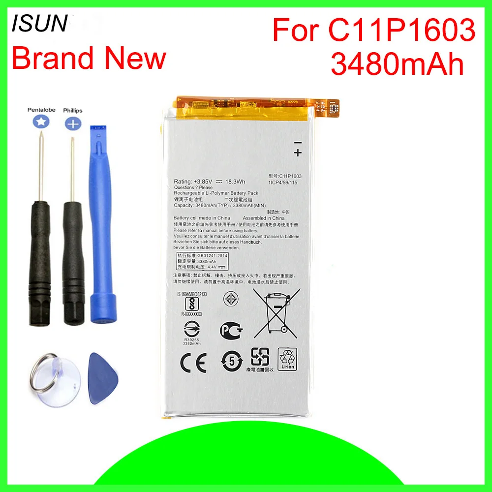 

ISUNOO 3480mAh C11P1603 Replacement Batteries For ASUS ZenFone 3 Deluxe ZS570KL ZenFone3 Mobile Phone Battery With Repair Tools