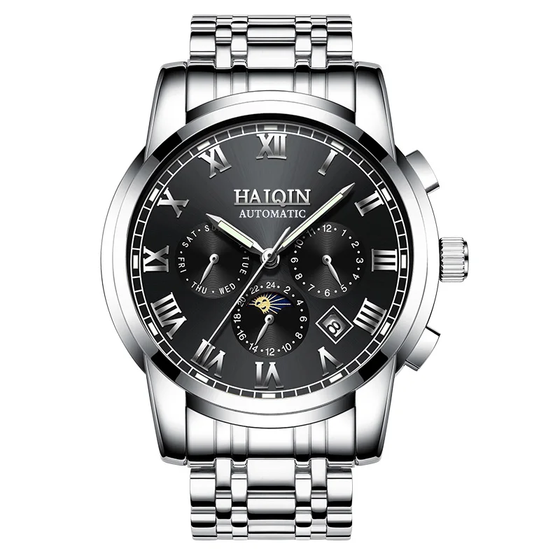 HAIQIN мужские часы, автоматические механические Роскошные бизнес часы с фазой Луны, водонепроницаемые полностью Стальные наручные часы, мужские часы с календарем - Цвет: Silver-black