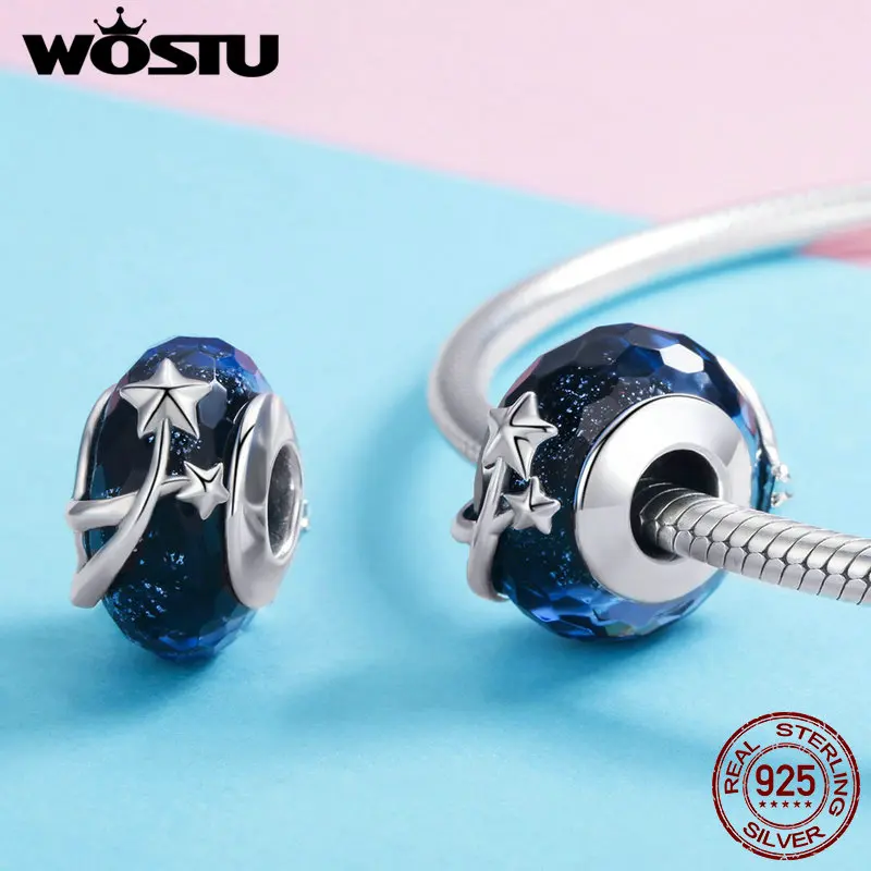 WOSTU Authentic 925 Sterling Silver Autumn Season Beads Dark Night Star Charms fit Bracelet Necklace DIY Jewelry Making DXC861