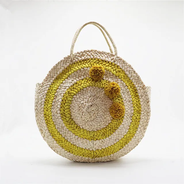 Round Circle Circular Straw Tote Bag Pompom Basket Round Circle Circular Straw Tote Bag Pompom Basket Weave Hit Color Sicilian Women